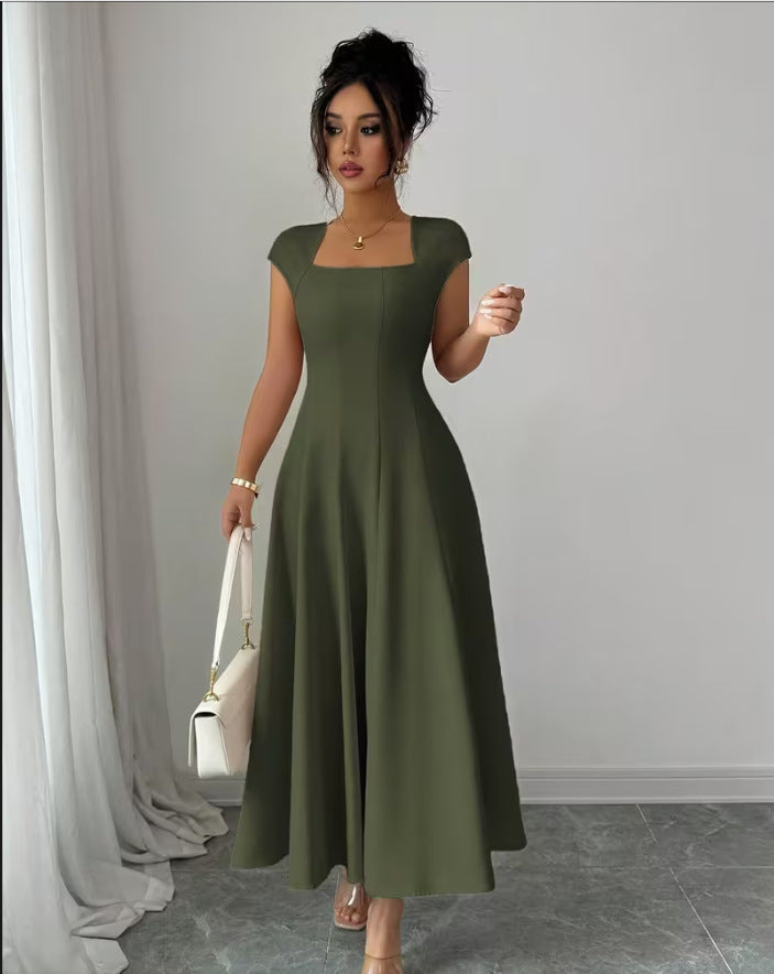 Damen Elegantes Maxikleid mit rechteckigem Ausschnitt und fließendem Rock R&B