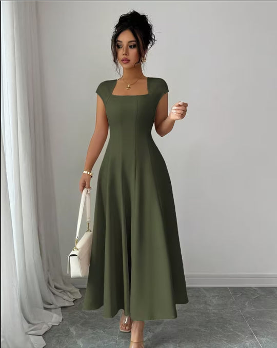 Damen Elegantes Maxikleid mit rechteckigem Ausschnitt und fließendem Rock R&B