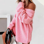 Damen Off-Shoulder Strickpullover mit weitem Schnitt und Rippenden