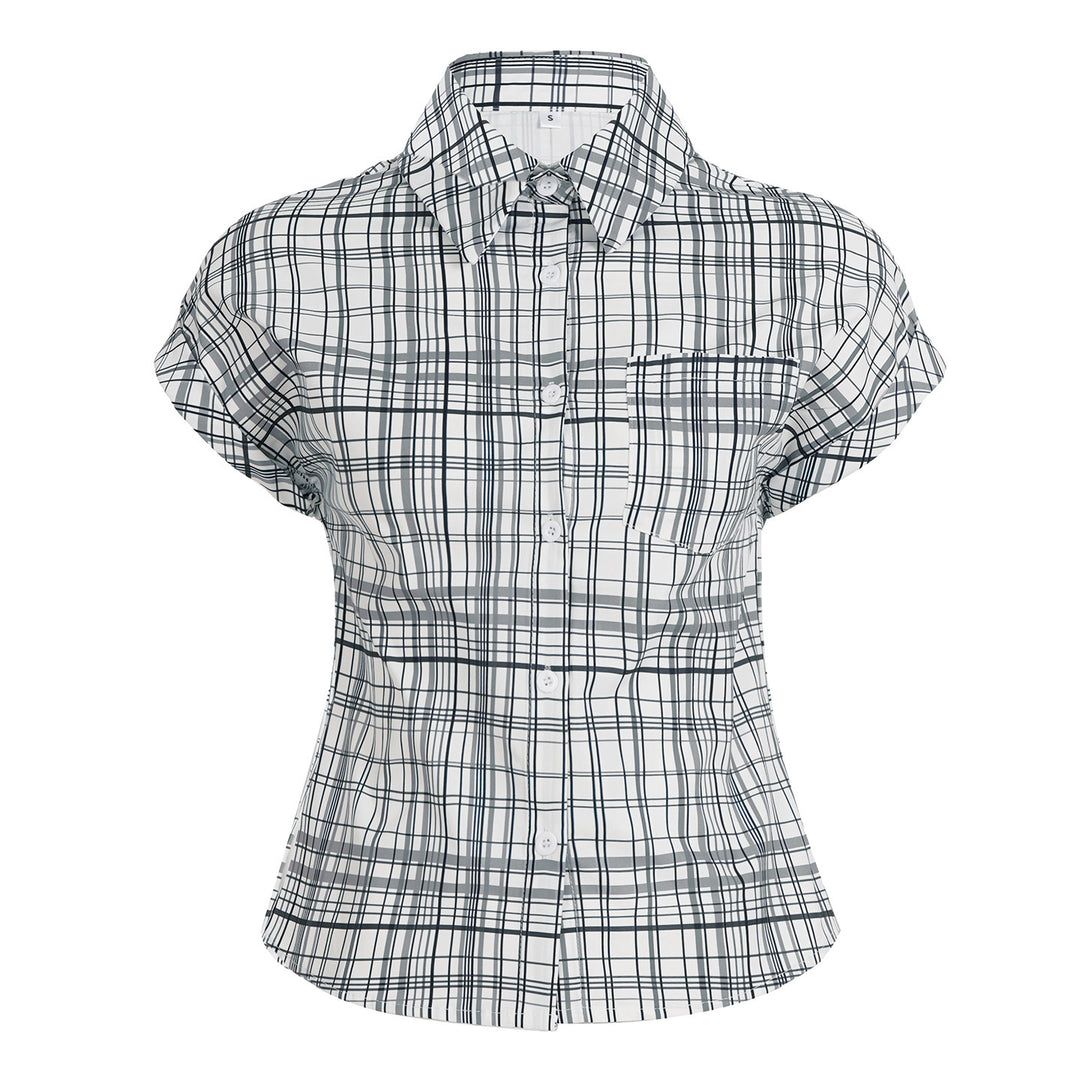Damen Kurzarm-Karobluse mit tailliertem Schnitt und Knopfdetails R&B
