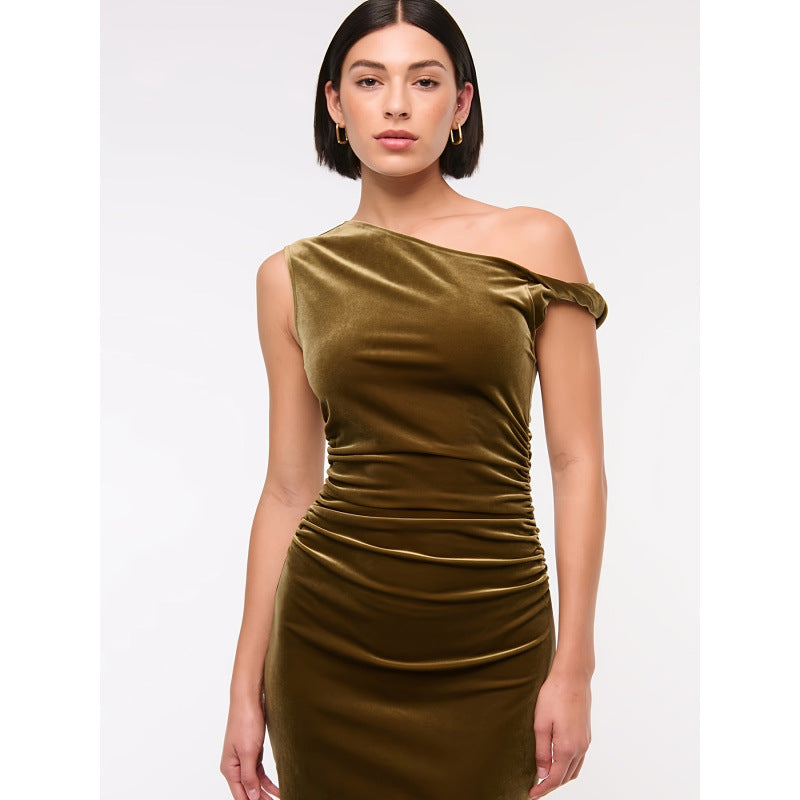 Damen figurbetontes Wickelkleid mit schulterfreiem Design und raffinierten Rüschen R&B