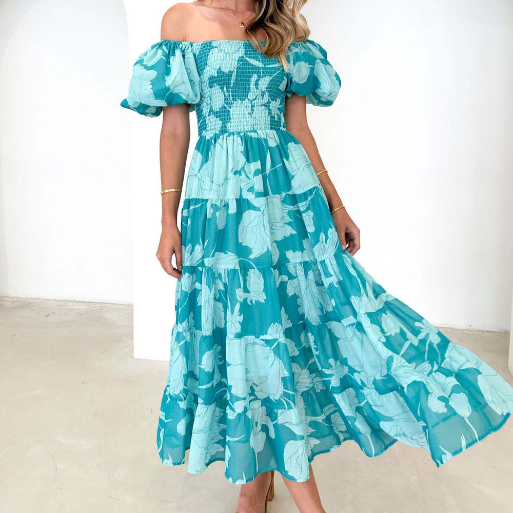 Damen Maxikleid mit elastischem Bustier und voluminösen Puffärmeln R&B