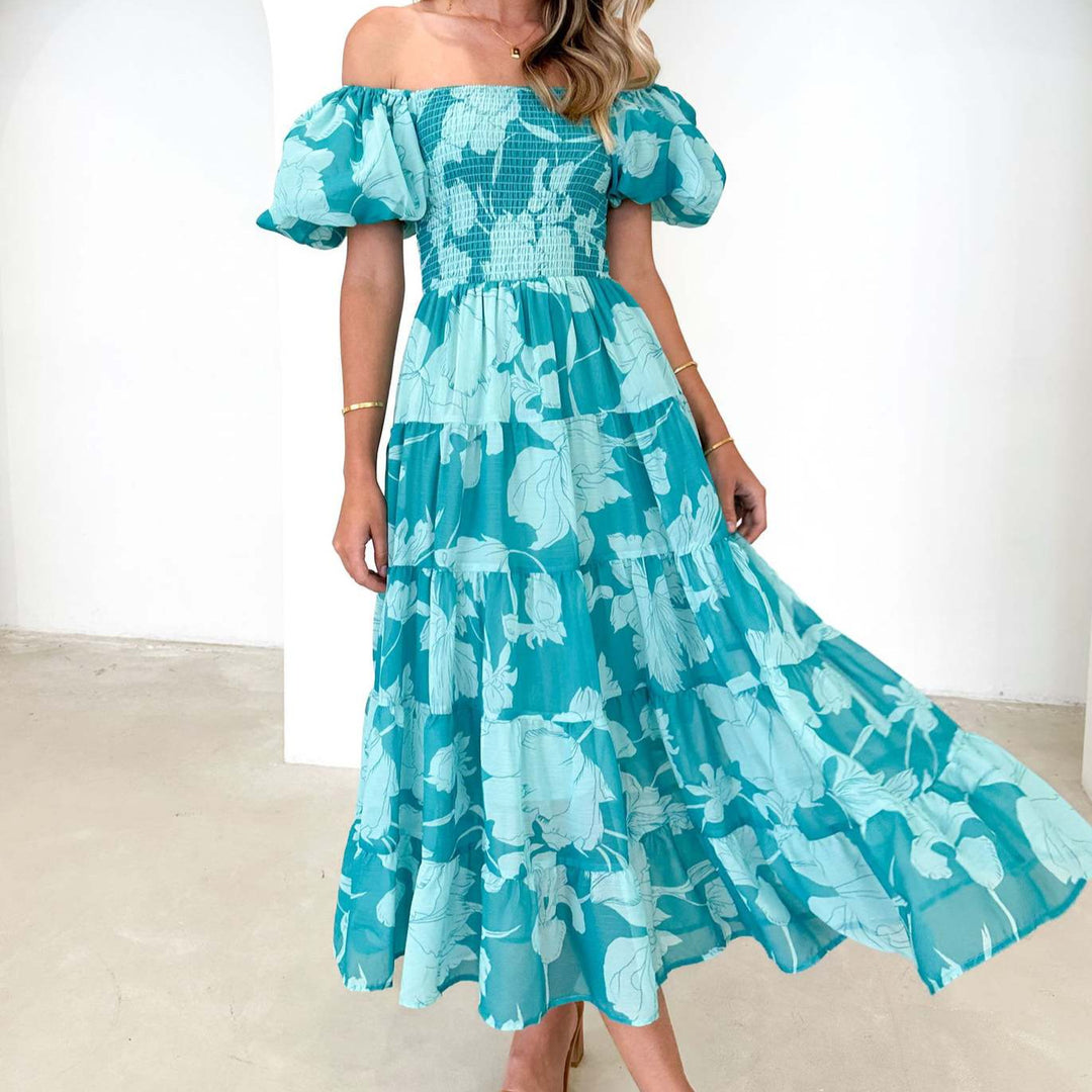 Damen Maxikleid mit elastischem Bustier und voluminösen Puffärmeln R&B