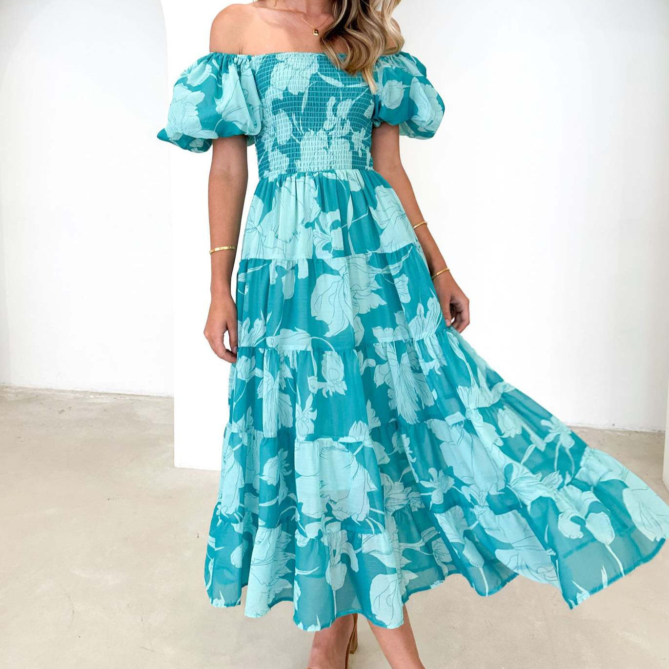 Damen Maxikleid mit elastischem Bustier und voluminösen Puffärmeln R&B