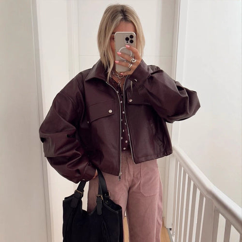 Damen lässige cropped Kunstlederjacke mit voluminösen Ärmeln R&B