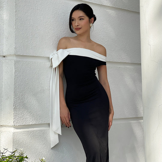 Damen Elegantes Maxikleid mit Off-Shoulder Design und schmalem Schnitt R&B