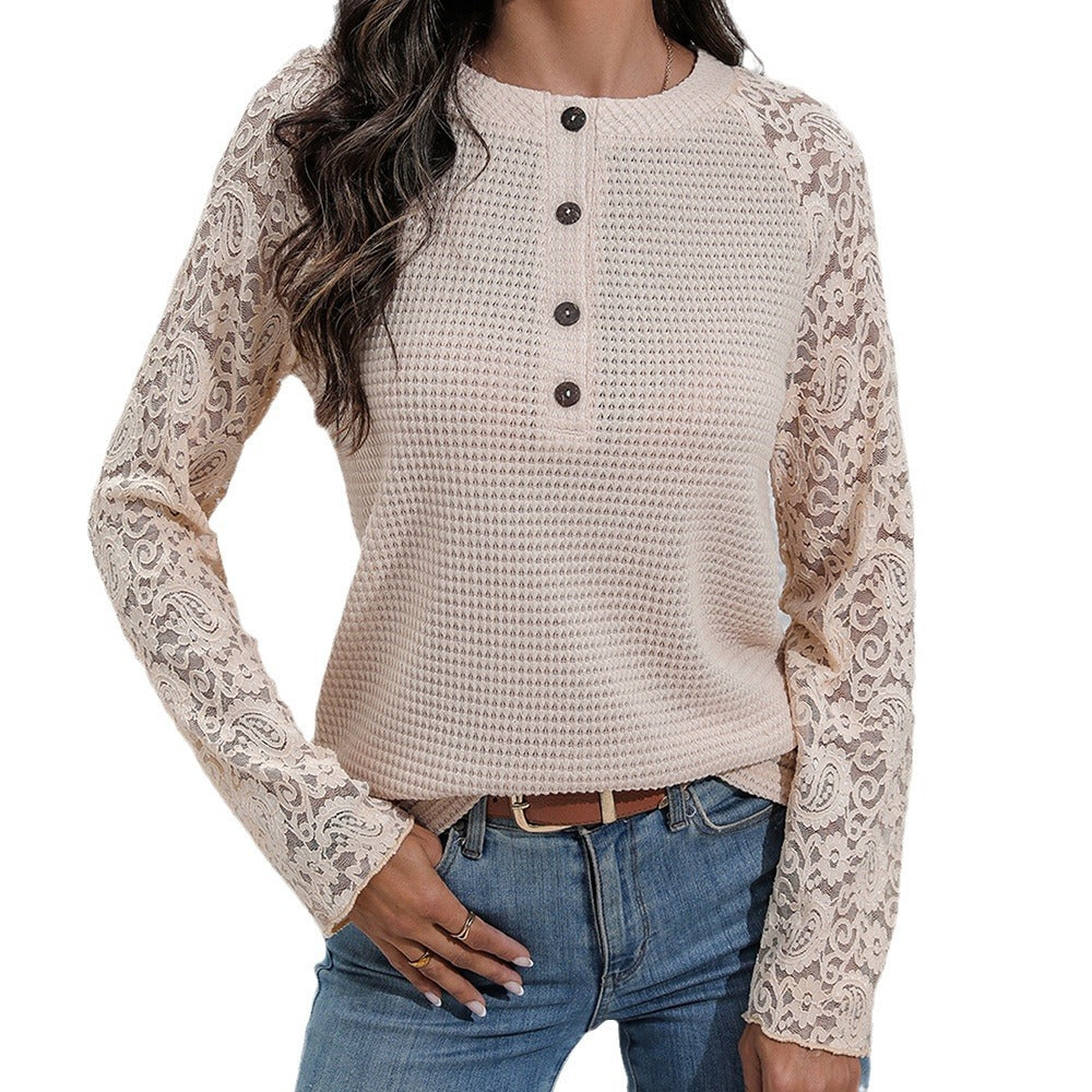 Damen Spitze Langarmshirt mit Knopfdetails und strukturierter Vorderseite R&B