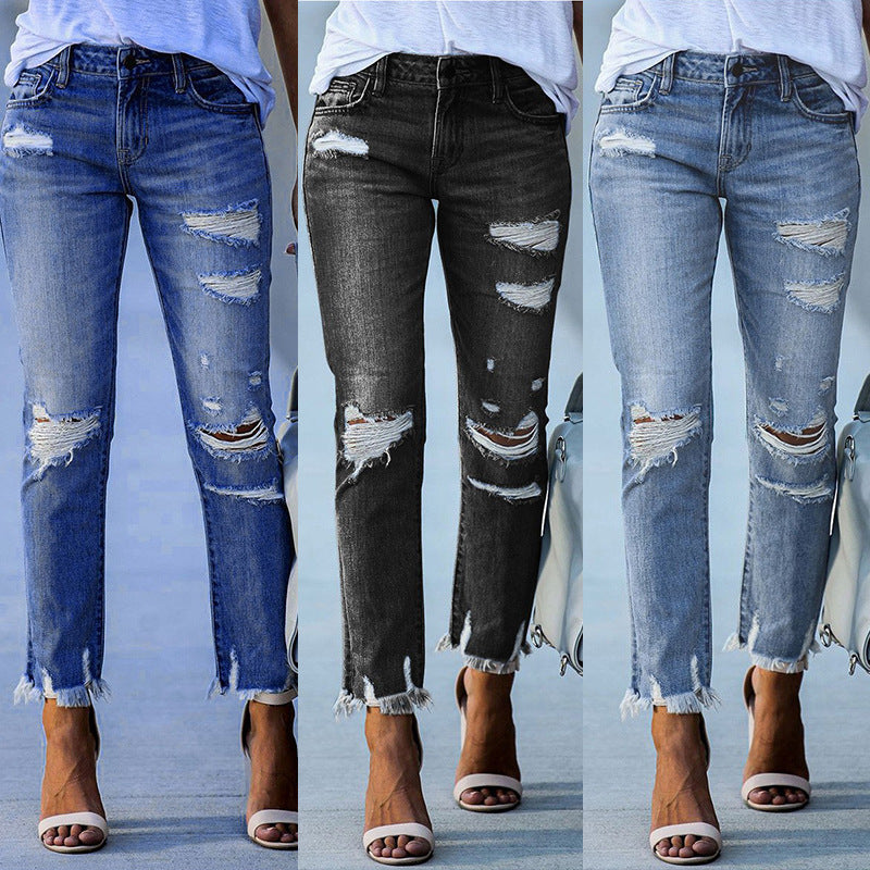Damen Ripped Jeans im modernen Vintage-Look mit fransigen Säumen R&B