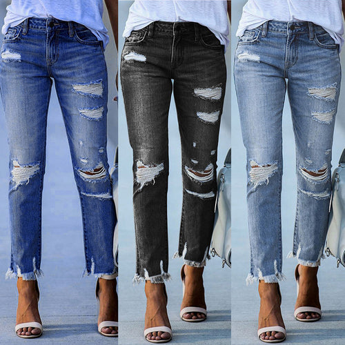 Damen Ripped Jeans im modernen Vintage-Look mit fransigen Säumen R&B