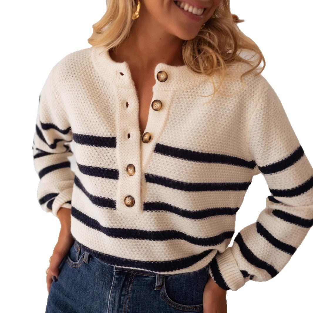 Damen hochwertiger gestreifter Strickpullover mit Knopfdetail und lässigem Schnitt R&B