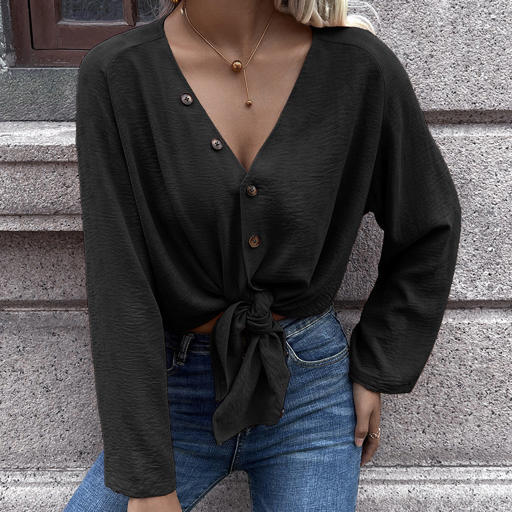 Damen lässiges Langarm-Oberteil mit Knoten und Knopfdetails R&B