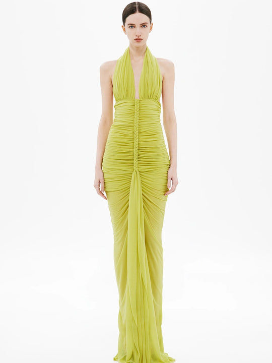 Damen Exquisites gerafftes Maxikleid mit tiefem V-Ausschnitt und eleganten Drapierungen R&B