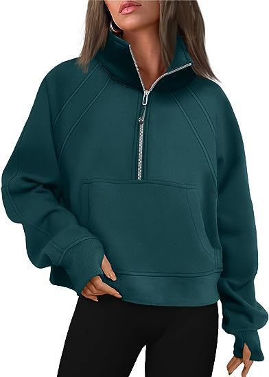 Damen kuscheliger Half-Zip Pullover mit Kapuze und Kängurutasche R&B