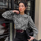Damen Modische Bluse mit Leopardenmuster und voluminösen Ärmeln R&B