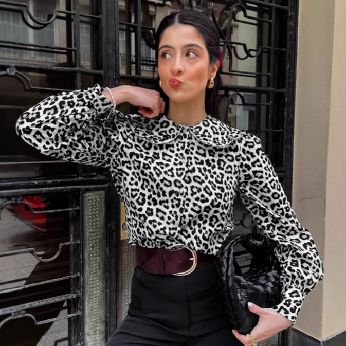Damen Modische Bluse mit Leopardenmuster und voluminösen Ärmeln R&B