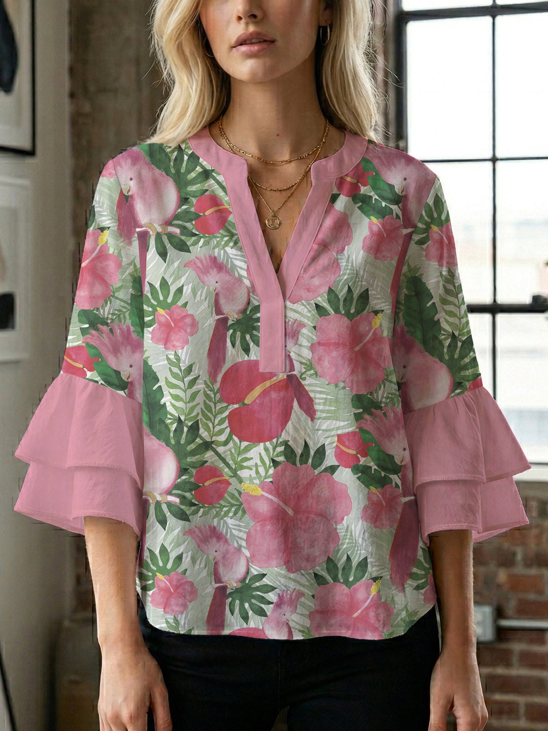 Damen Bluse mit voluminösen Rüschenärmeln und floralem Muster R&B