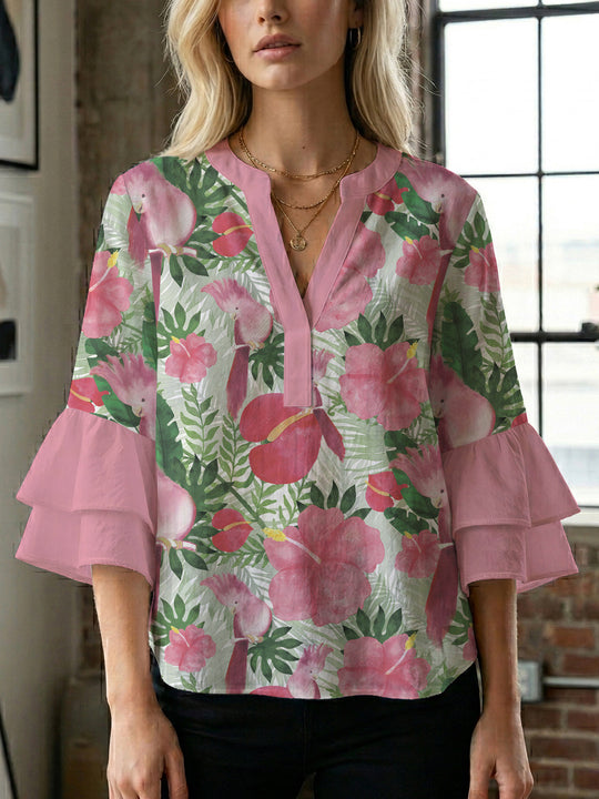 Damen Bluse mit voluminösen Rüschenärmeln und floralem Muster R&B