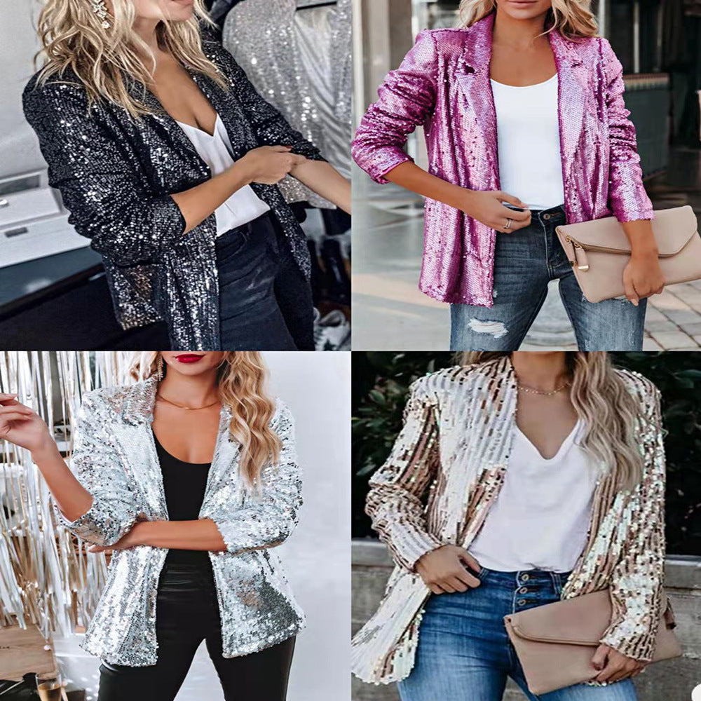 Damen Glamouröse Blazerjacke mit Paillettenbesatz und langem Arm R&B