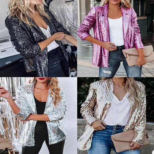Damen Glamouröse Blazerjacke mit Paillettenbesatz und langem Arm R&B