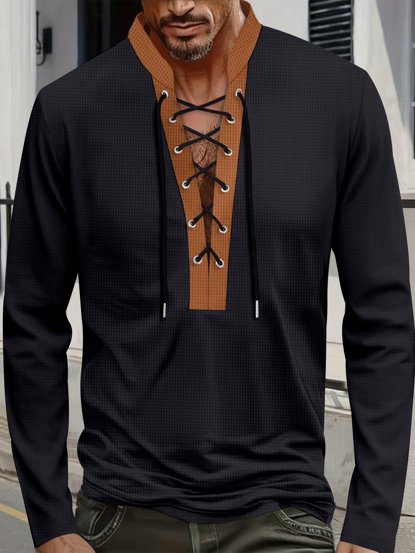 Herren modisches Langarmshirt mit einzigartigem Schnürdesign und ansprechendem Kragen R&B
