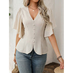 Damen Bluse mit fließenden Ärmeln und V-Ausschnitt R&B