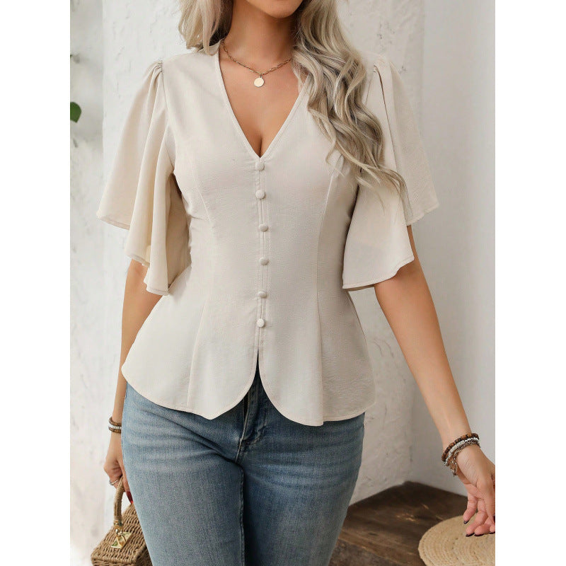 Damen Bluse mit fließenden Ärmeln und V-Ausschnitt R&B