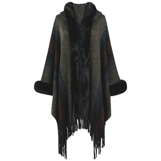 Damen modischer Poncho mit luxuriösem Kunstfellkragen und Fransen R&B