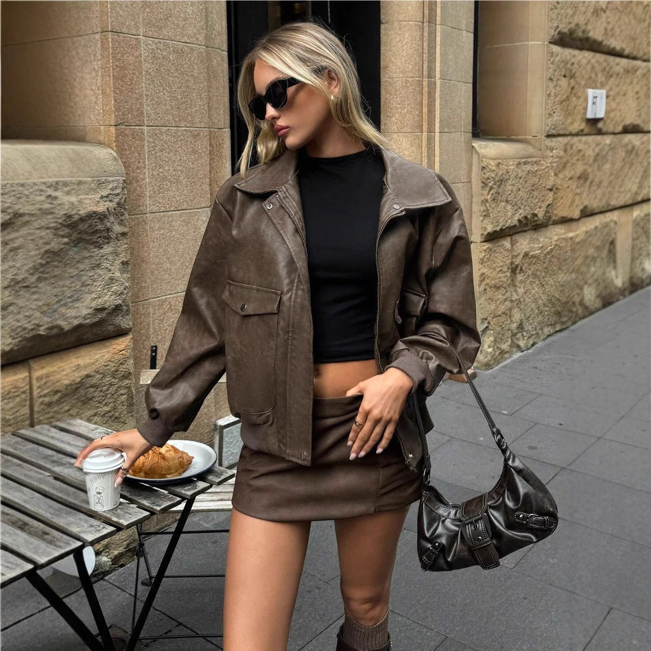 Damen Lässige und stylische Kunstlederjacke mit praktischen Taschen R&B