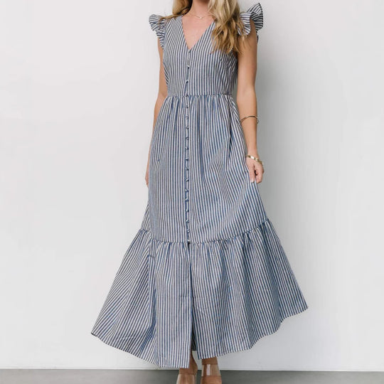 Damen Maxikleid mit Rüschendetails und Knopfleiste R&B
