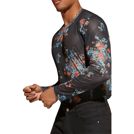 Herren Langarmshirt mit floralem Muster und transparentem Stoff R&B