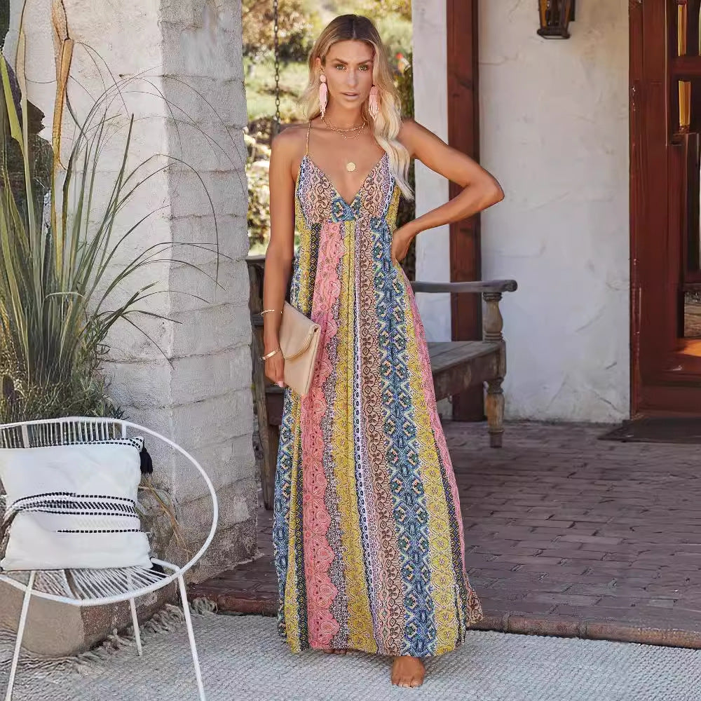 Damen Maxikleid mit lässigem V-Ausschnitt und verspieltem Muster R&B