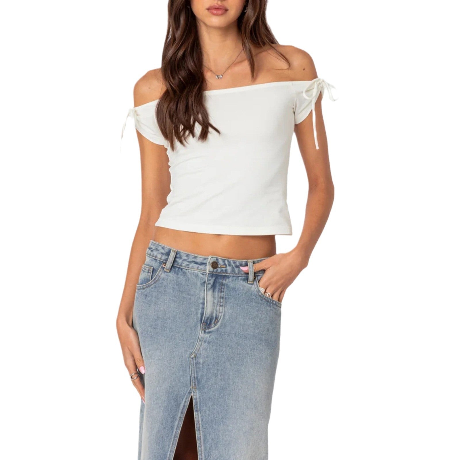 Damen raffiniertes Off-Shoulder T-Shirt mit eleganten BindR&Bändern R&B