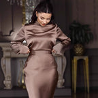 Damen Elegantes bodenlanges Kleid mit hochgeschlossenem Kragen und fließendem Schnitt R&B