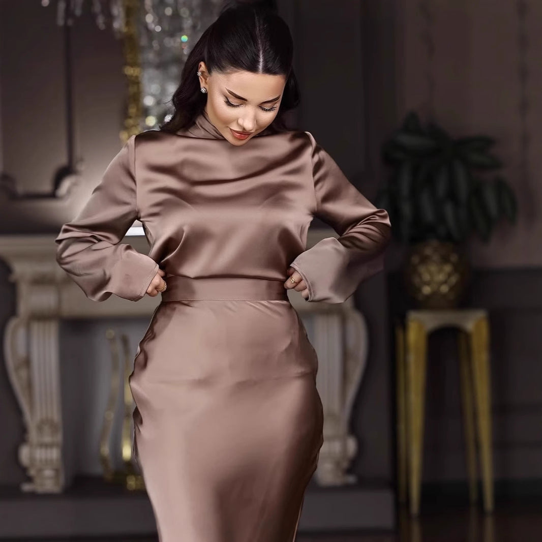 Damen Elegantes bodenlanges Kleid mit hochgeschlossenem Kragen und fließendem Schnitt R&B
