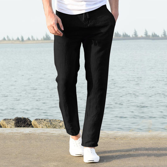 Herren lässige Leinenhose mit elastischem Bund und seitlichen Taschen R&B
