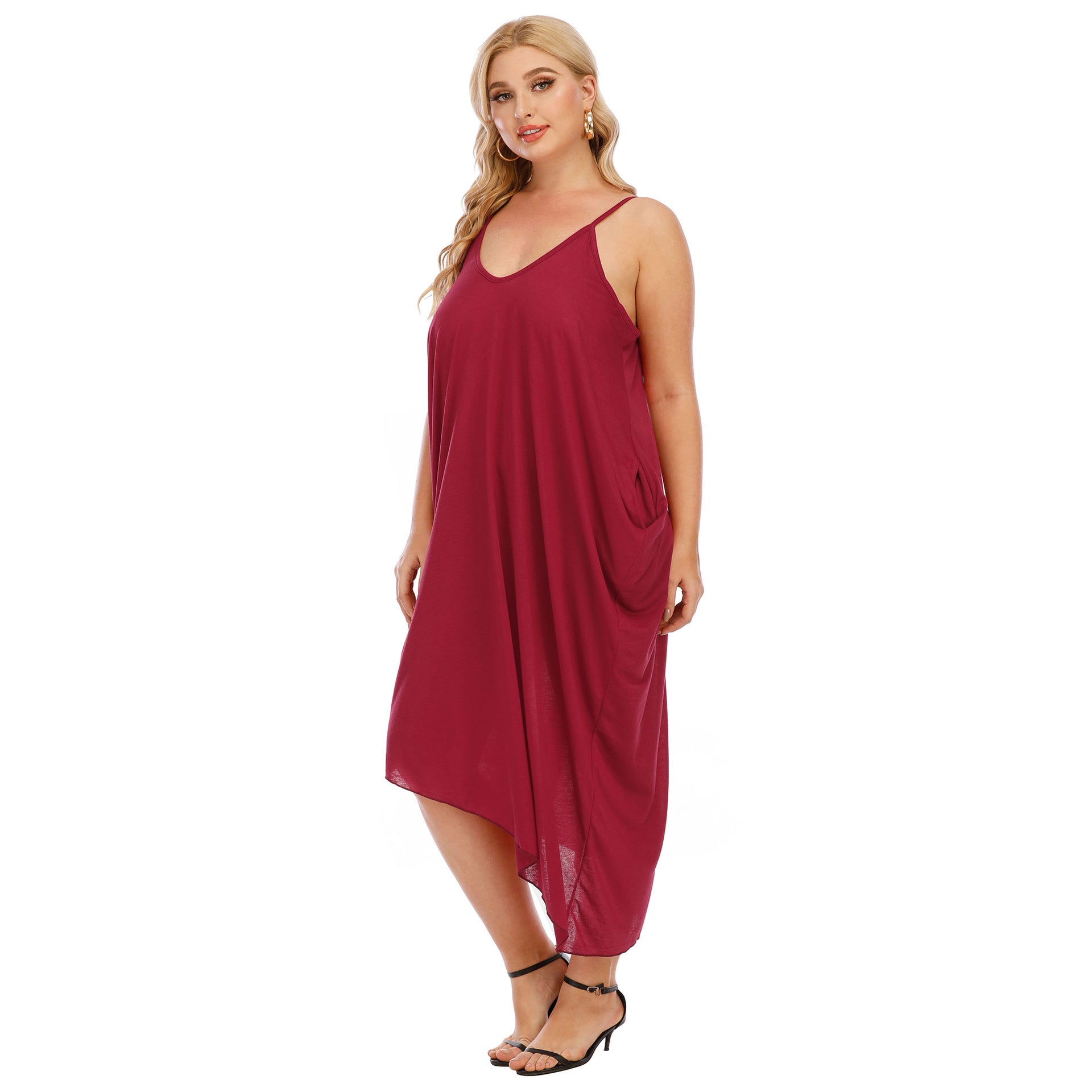 Damen lässiges Maxikleid mit tiefem V-Ausschnitt und Seitentaschen R&B