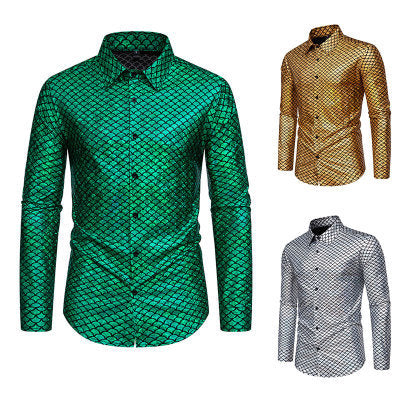 Herren schimmerndes Langarmhemd mit Fischschuppen-Design R&B