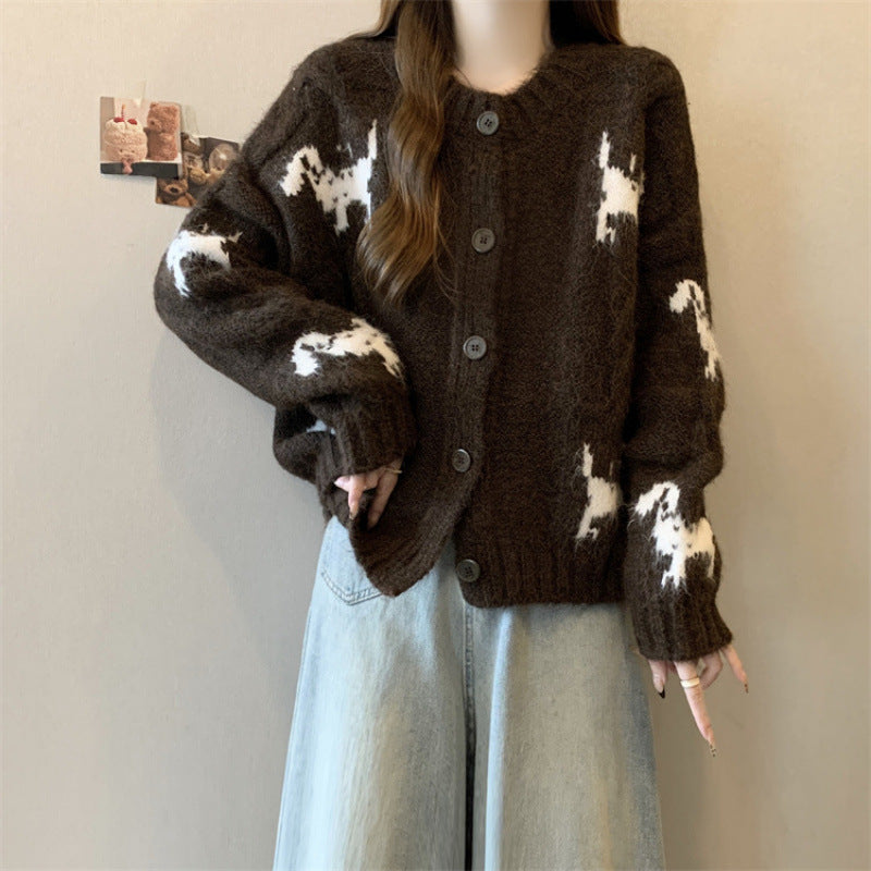 Damen Gemusterter Strickcardigan mit tierischem Motiv und bequemen Oversized-Schnitten R&B