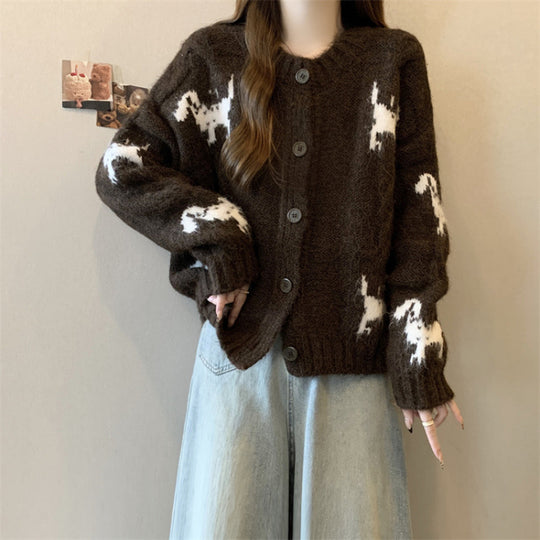 Damen Gemusterter Strickcardigan mit tierischem Motiv und bequemen Oversized-Schnitten R&B