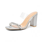 Damen transparente Slingback-Sandalen mit elegantem Blockabsatz und Metallkettendetail R&B