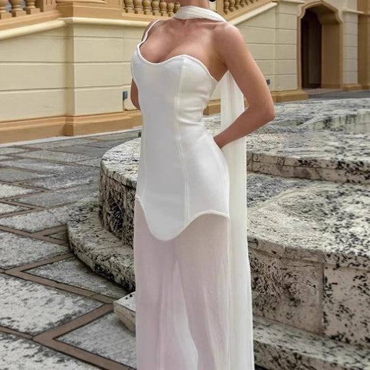 Damen Elegantes bodenlanges Abendkleid mit trägerlosem Design und fließendem Stoff R&B