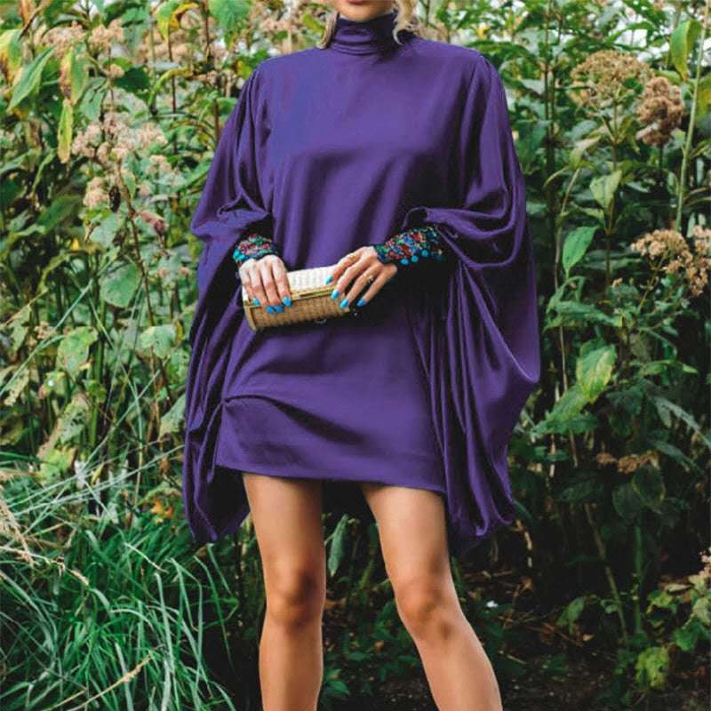 Damen modisches Übergröße Minikleid mit voluminösen Ärmeln und elegantem Stehkragen R&B