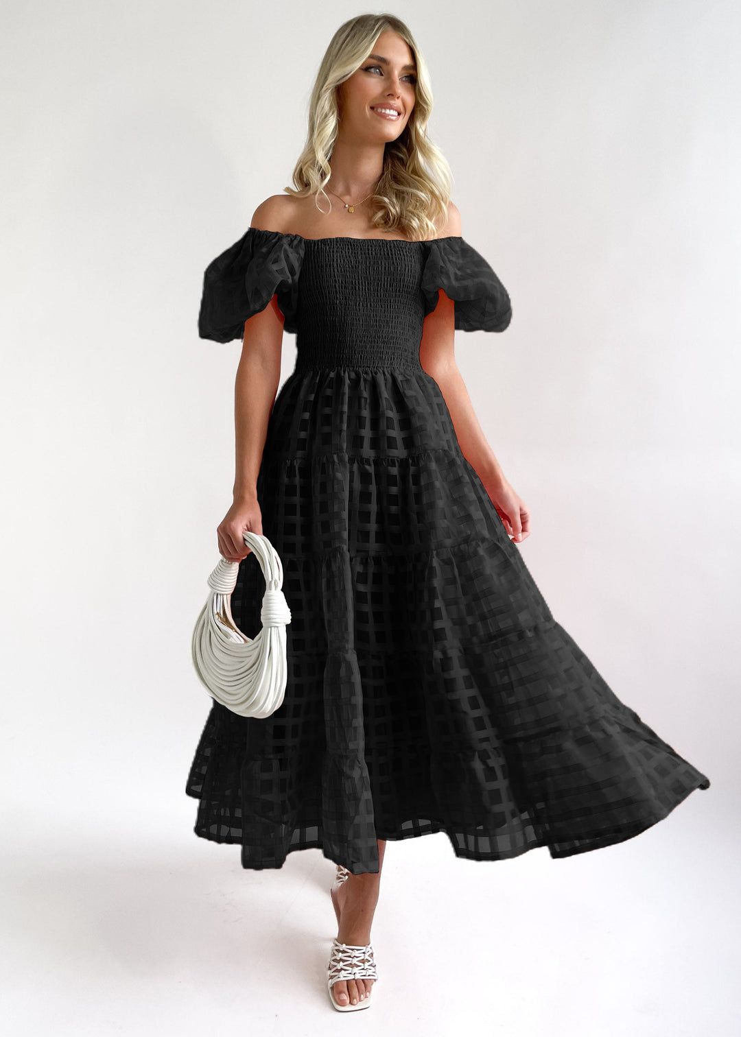 Damen Luftiges Maxikleid mit schwingendem Rock und voluminösen Puffärmeln R&B