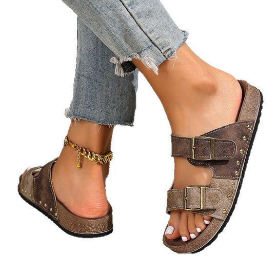 Damen bequeme Riemchen-Sandalen mit modischen Doppelschnallen R&B