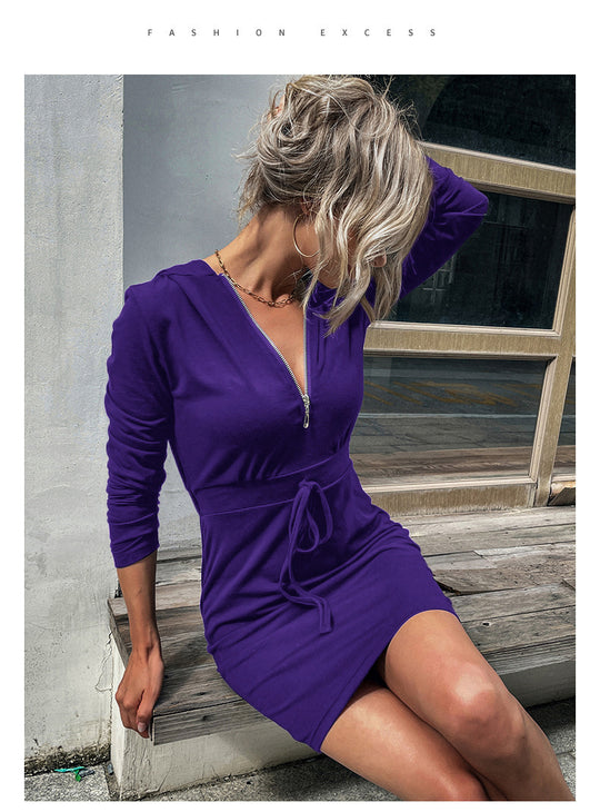 Damen Kapuzenkleid mit Reißverschluss und Taillenzug R&B