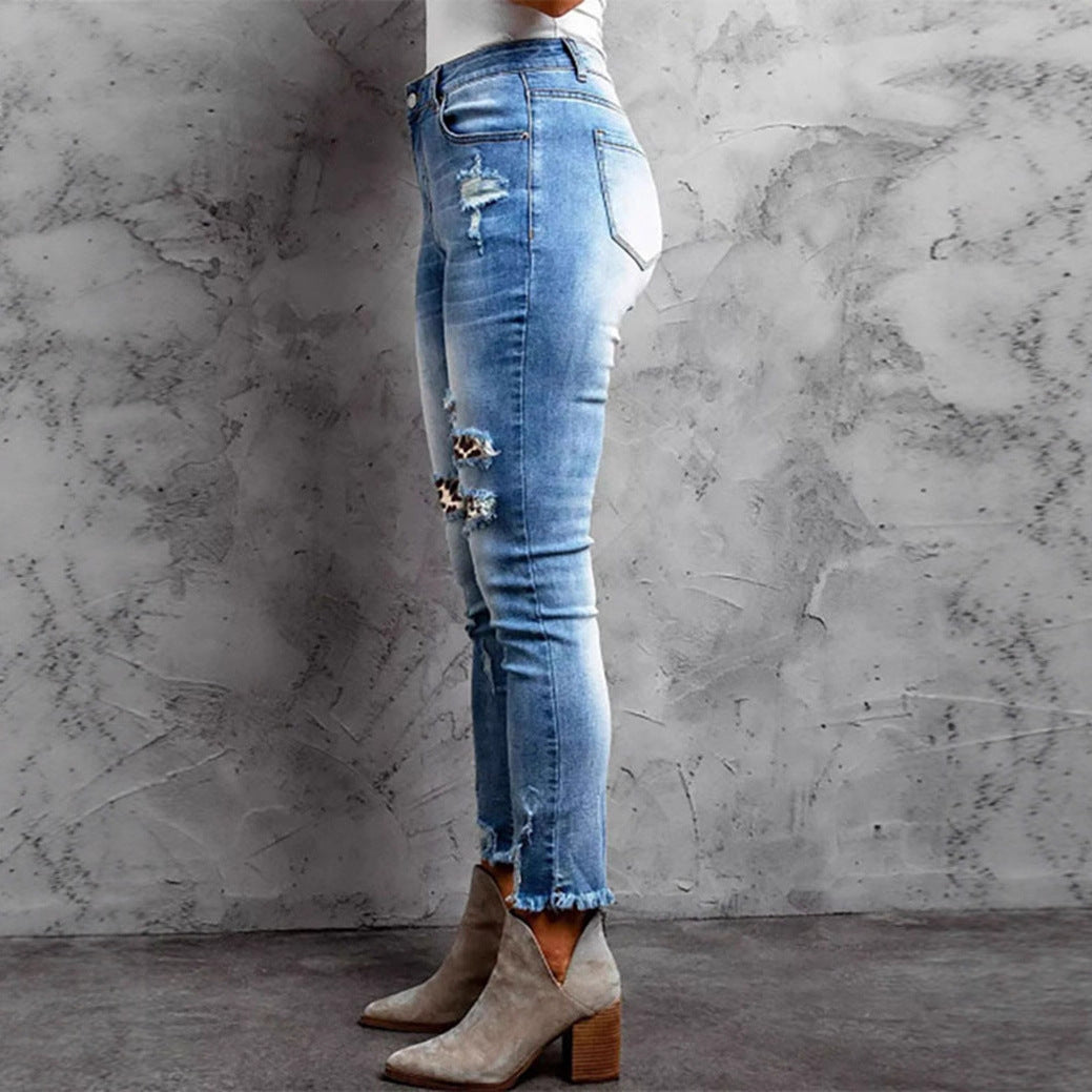 Damen Skinny Jeans im aufregenden Animal-Print mit stylishen Rissen R&B