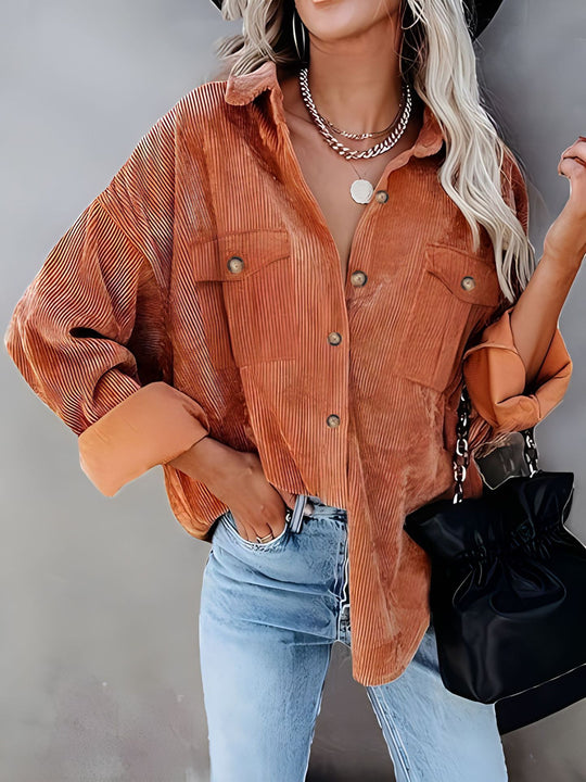 Damen lässige Kordjacke mit Knopfverschlüssen und Taschen R&B