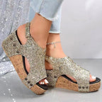 Damen Plateausandalen mit funkelndem Glitzer und Korksohle R&B