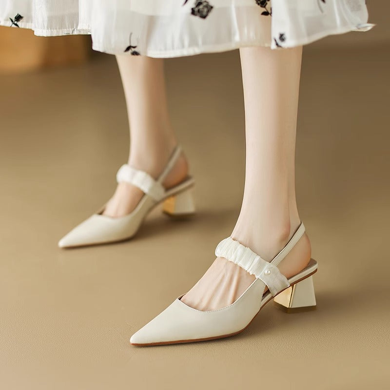 Damen Sling-Pumps mit dekorativem Riemchen und goldenem Blockabsatz R&B