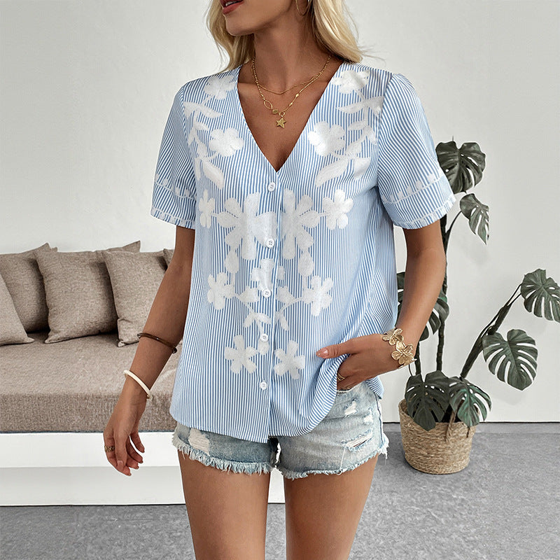 Damen Kurzärmlige Bluse mit floralem Print und V-Ausschnitt R&B